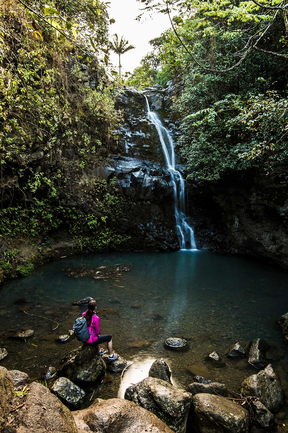 Hiking_3 Waimano Falls with hiker in foreground