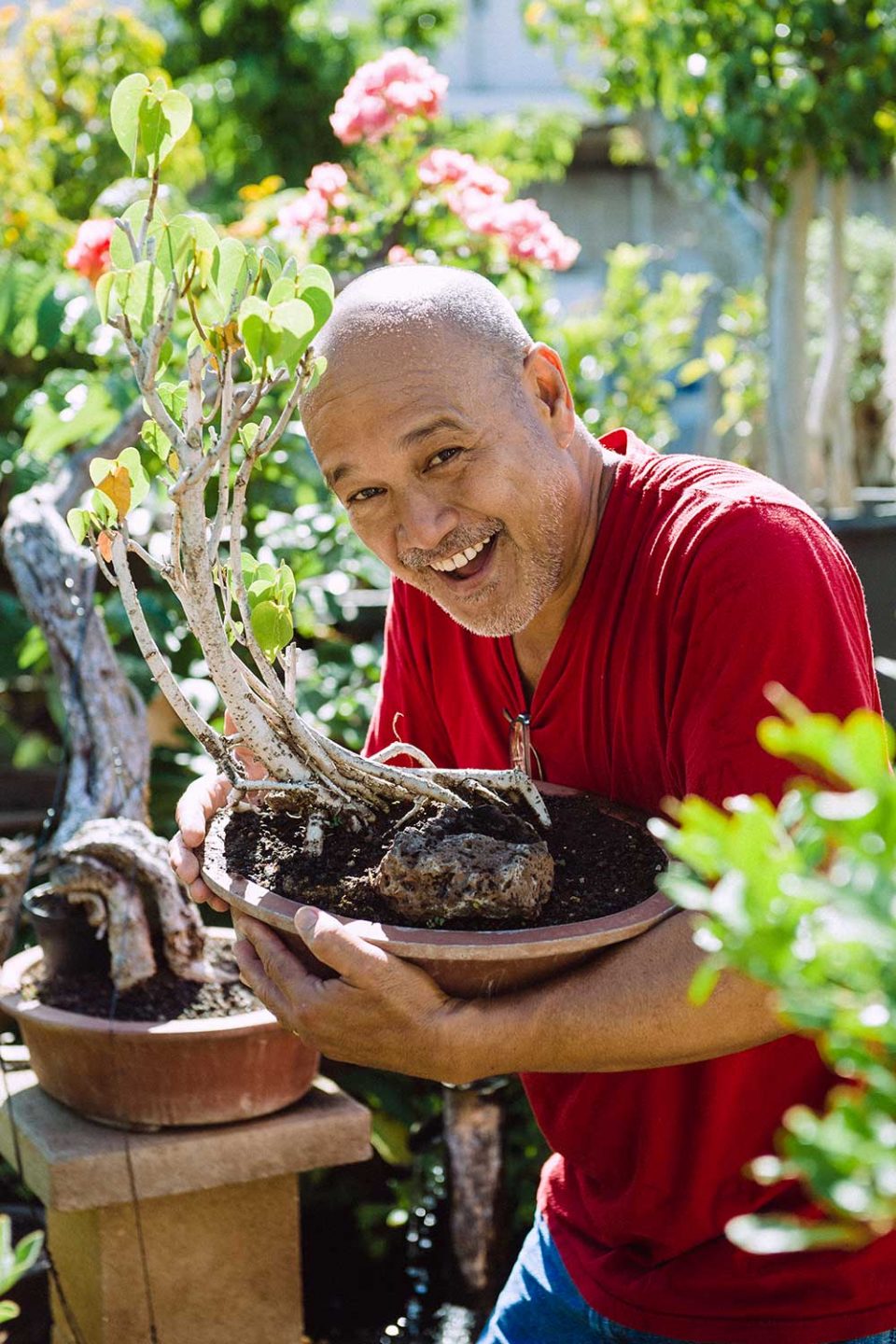 Kahi Ching in red shirt holding bonsai plant